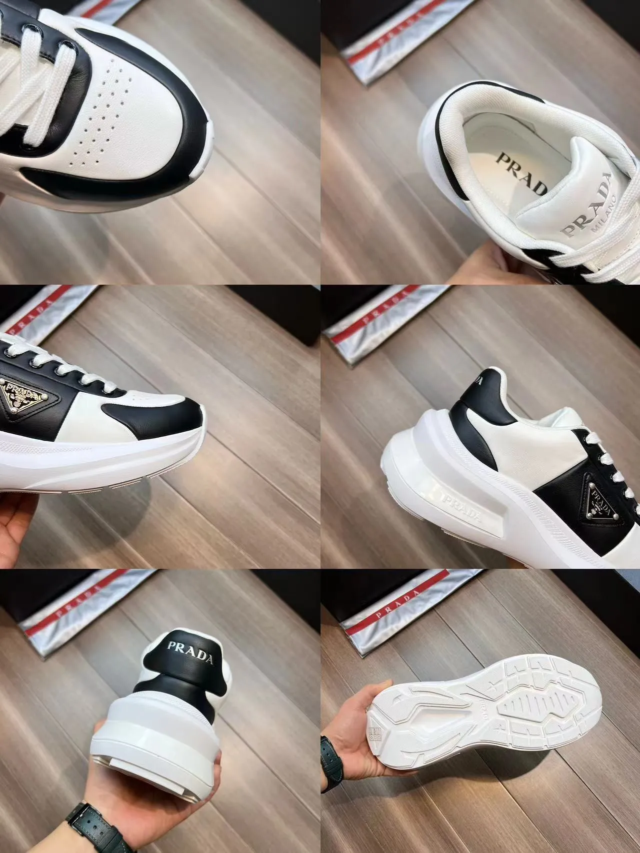 P440 Prad* men's new soft leather casual sneakers. This sneaker is made of Napa cowhide. The leather is soft and fine, with a natural texture, which improves breathability. The outer side is coated with an enamel metal triangle logo to embellish the shoe body. The tongue and heel are decorated with brand letter logo details. Ultra-lightweight 6cm concave and convex rubber thick sole with PRADA letter logo on the side and cowhide lining. It feels comfortable on the foot and is exquisite and versatile!